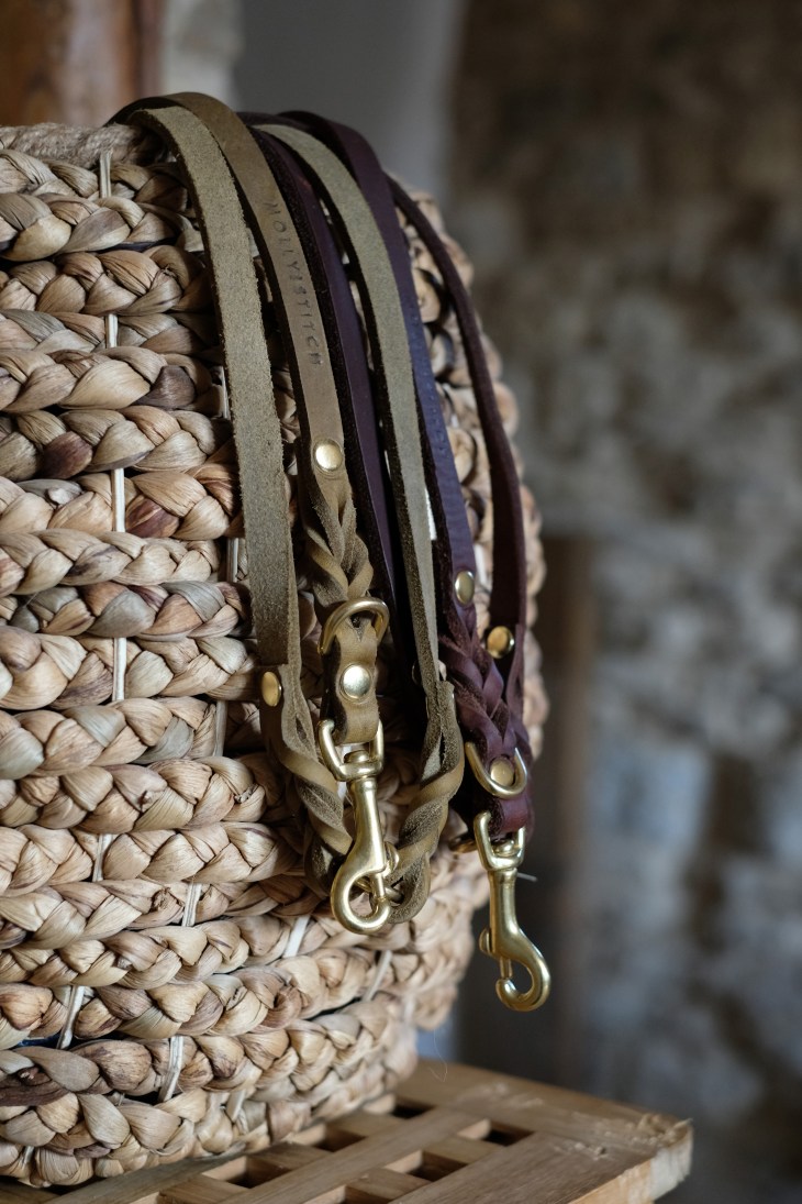 Molly & Stitch hand made leather dog collar and lead, plaited leather, hand-made dog collars, olive green leather collar and lead