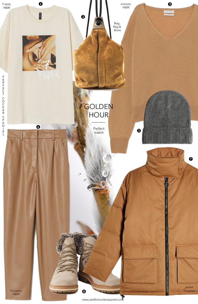 Style outfit ideas for dog walking in fashion / Spring edition / Camel outfit ideas / Cashmere jumper, leather trousers, puff jacket, suede leather bag / Perfect cocker spaniel / pet blog (C) Natalia Ashton