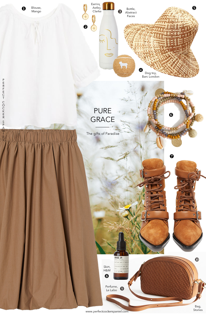 Summer outfit idea inspired by cocker spaniels, Virginia Woolf, Elizabeth Browning, Flush the cocker, natural materials, fabrics, floral trends / featuring H&M, Chloe, Mango, Stories, Le Labo, BArc London, Astley Clarke / how to walk dog in style / country outfit ideas / Perfect cocker spaniel (C)