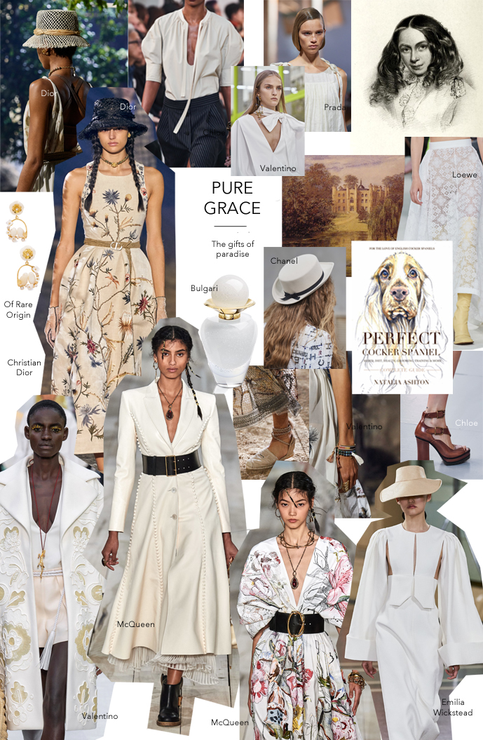 Summer style mood board inspired by nature love & flowers, raffia, straw, florals as seen at Dior, Prada, Valentino, McQueen, Chloe, Emilia Wickstead