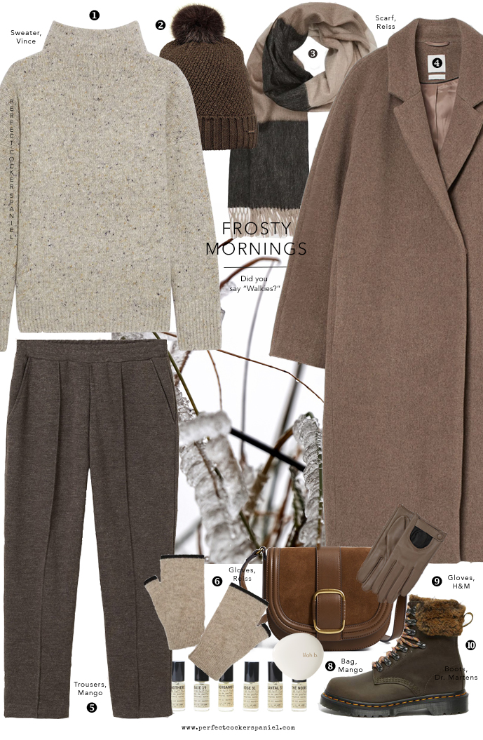 an idea for dog walking outfit in style including layering with wool coat, sweater, pull on trousers, scarf and pompom hat. Featuring Vince sweater, H&M coat, Reiss accessories, wool scarf, Dr Martens boots, natural organic make-up, Le Labo perfumes, and Mango leather bag with gold buckle. Created and shared on Perfect cocker spaniel blog / UK website about English cocker spaniels, puppy tips, dog nutrition, diet, training and grooming by Natalia Ashton (C) UK-based canine nutritionist, small animal nutritionist, pet nutrition coach, food stylist and photographer, dog mum, author of Perfect cocker spaniel, Beyond the Doughnut and Treats.